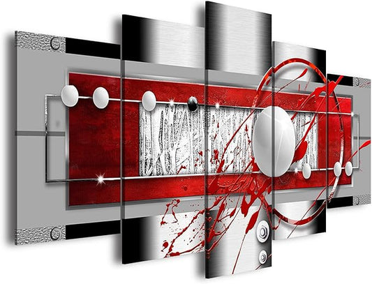 AWLXPHY Decor Abstract Canvas Wall Art Red Black Grey for Living Room Decor 5 Pieces Framed Painting Modern Simple Circle Round Line HD Print Artworks Giclee(White, W60'' x H30'')