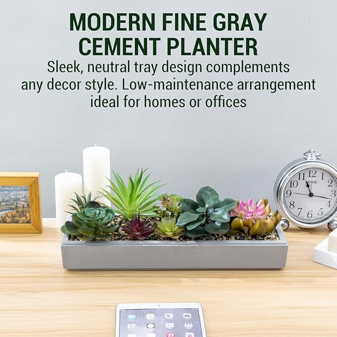 MyGift 15 Inch Mixed Color Assorted Artificial Succulent Plant Arrangement in Modern Gray Clay Planter Tray