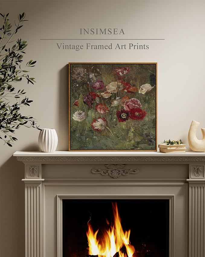 InSimSea Square Framed Canvas Wall Art, Large Decor A Bed of Poppies Paintings, Classical Floral Wall Pictures for Bedroom Bathroom Living Room, Canvas Prints Vintage Home Decor 20"x20"