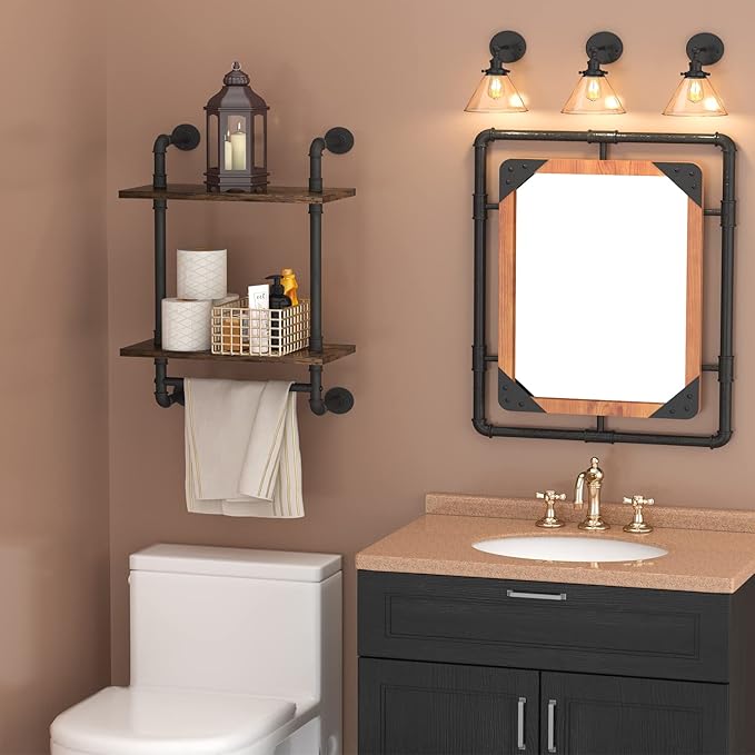 Helsin Industrial Pipe Floating Bathroom Shelves Wall Mounted with Towel bar, 2 Tier Rustic Wood Wall Shelf, 16inch Metal Towel Rack Storage Bookshelf for Bathroom, Kitchen, Farmhouse, Living Room