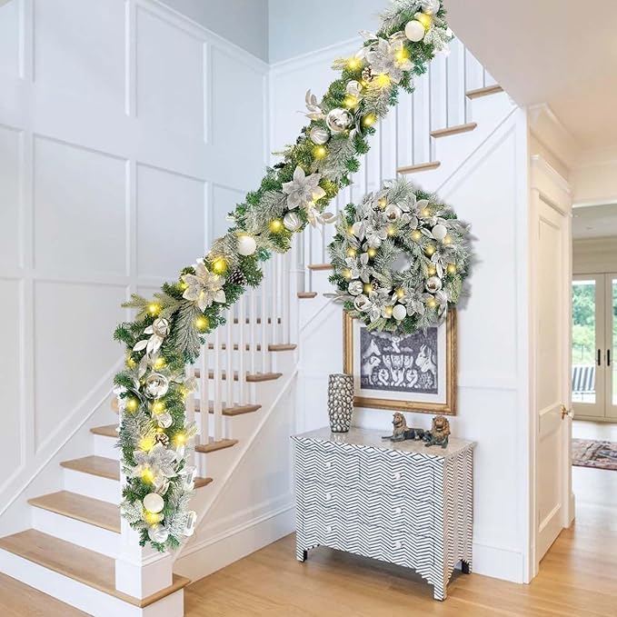 WANNA-CUL Pre-Lit 6 ft/ 72 Inch Christmas Garland with Lights for Front Door Decor with Silver White Christmas Ball Ornaments and Poinsettia Flowers,Battery Operated 30 LED Lights