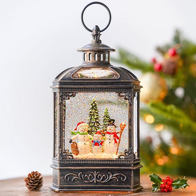 Christmas Snow Globe Lantern Water Glittering Snowman Family with Music & Timer, USB Lined/Battery Operated Lighted Lantern for Christmas Festival Decoration Gifts