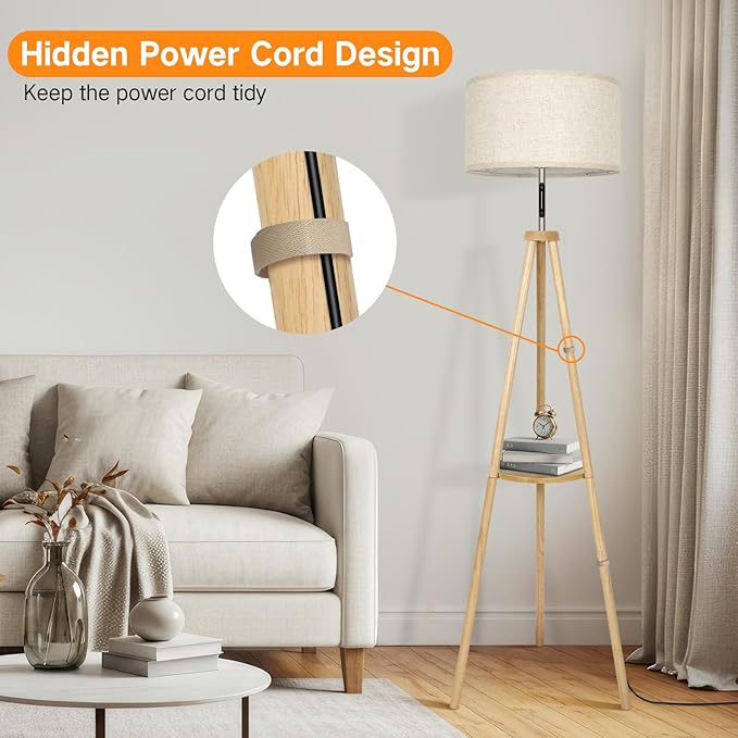 OUTON Wood Tripod Floor Lamp with Shelves, Mid Century LED Modern Dimmable Floor Lamp with Remote Control, Sturdy Tall Standing Lamp with Beige Lamp Shade for Living Room, Bedroom, Office