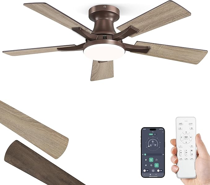 ZMISHIBO 42 Inch Ceiling Fan with Light, App&Remote Control, Flush Mount Low Profile, Dimmable 20W LED Light, Quiet Reversible Motor for Bedroom, Living Room, Apartment, Brown