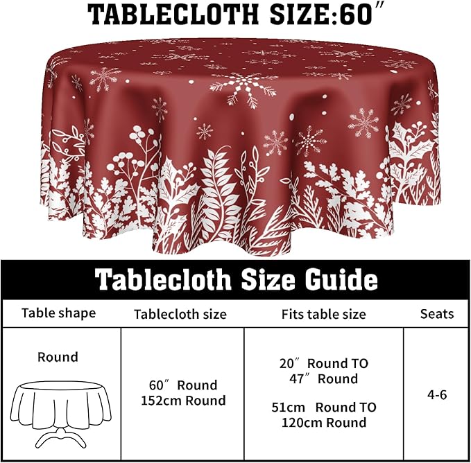 Merry Christmas Tablecloth 60 Inch Round Red Christmas Floral Table Cloth Round Cover Christmas Snowflake Snowy Xmas Table Cloth Winter Farmhouse Decorative for Holiday Home Kitchen Dining Party
