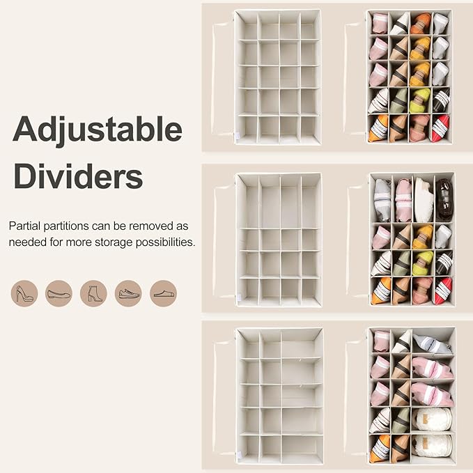 Shoe Organizer for Closet 2 Pack, Foldable Shoe Box with Adjustable Divider and Clear Cover, Space Saving Shoe Storage Organizer Cabinet with Reinforced Handles, Fits 40 Pair, Beige, TP11Y