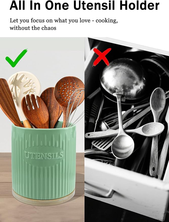 360° Rotating Utensil Holder, 7.6" Large Ceramic Kitchen Utensil Holder for Countertop with Bamboo Base, Stable Utensil Organizer, Farmhouse kitchen Decor, Green