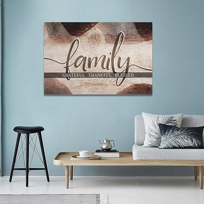 Large Family Wall Art Family Word Sign Pictures Wall Decor Home Quotes Grateful Thankful Blessed Canvas Painting Print Decor Artwork Framed for Living Room Bathroom Master Bedroom Dining Room 24"x16"