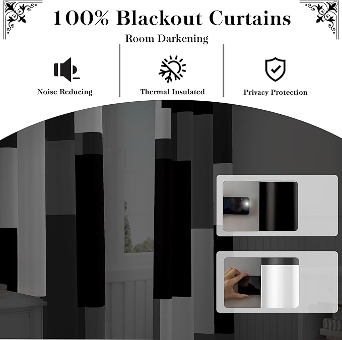 Black Grey 100% Blackout Curtains for Bedroom 63 inch Length 2 Panels Set White Grey Modern Abstract Geometric Black Out Curtains Insulated Room Darkening Window Drapes for Living Room, 42Wx63L