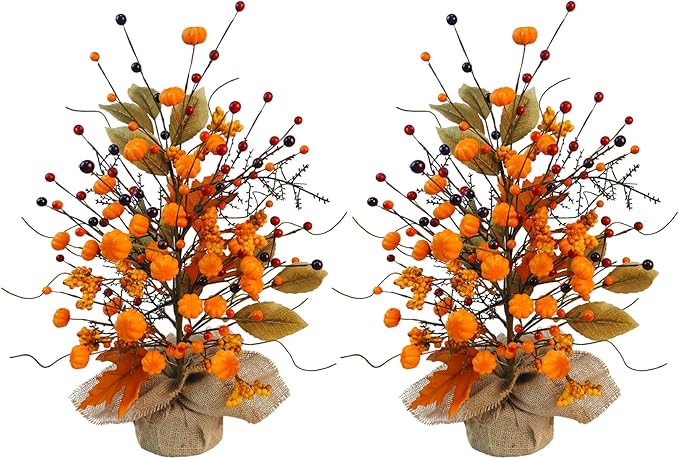 2 Pcs Fall Table Centerpieces Tree, Faux Fall Tree Artificial Fall Tabletop Tree Pumpkin and Maple Leaf Berry with Burlap Base Fall Decorations for Autumn Thanksgiving Party Home Office
