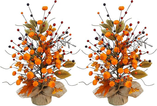 2 Pcs Fall Table Centerpieces Tree, Faux Fall Tree Artificial Fall Tabletop Tree Pumpkin and Maple Leaf Berry with Burlap Base Fall Decorations for Autumn Thanksgiving Party Home Office