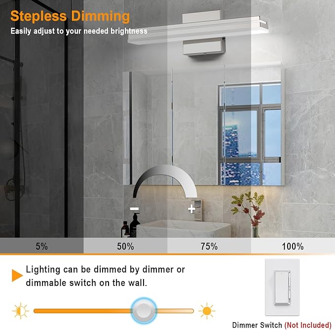 SineRise LED Modern Bathroom Vanity Light Fixtures (16-Inch, 3000K/4000K/6000K, Dimmable), Chrome Modern Acrylic Bathroom Wall Lighting Fixtures Over Mirror