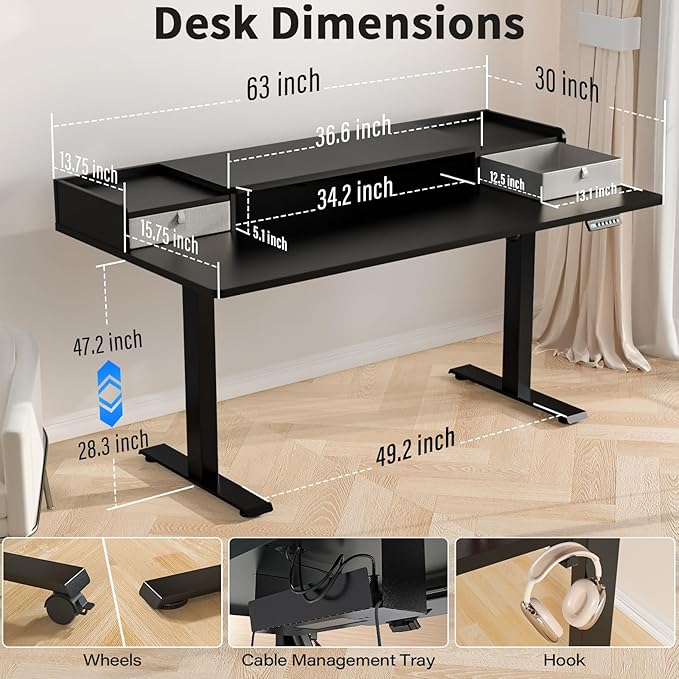Kingant 63 x 30 Inch Standing Desk with Drawers, Adjustable Height Electric Sit Stand Desk with Storage Shelf, Rising Stand Up Computer Desk for Home Office Workstation, 3 Preset Heights
