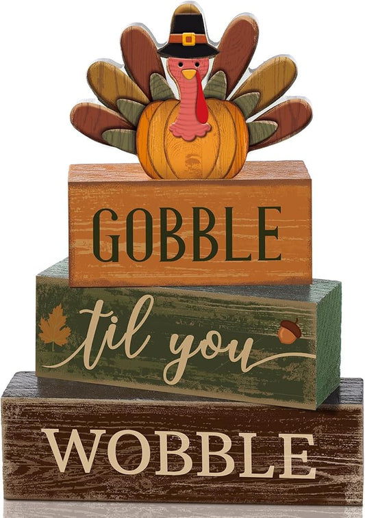 4 Pcs Fall Decorations for Home Thanksgiving Tiered Tray Decor Fall Table Decor Thanksgiving Centerpiece Rustic Wooden Turkey Block Sign for Autumn Harvest Party Table Kitchen Shelf