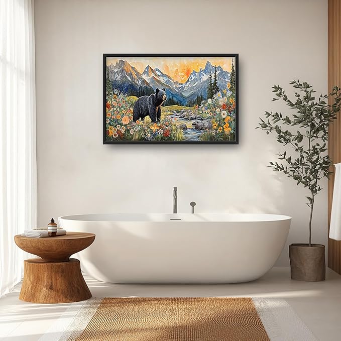 Extra Large Framed Abstract Black Bear Mountain Wall Art,Colorful Wildflower Forest Landscape Wall Decor Pictures for Living Room,Canvas Print Painting Modern Artwork Bedroom Office Bathroom 36L x24W