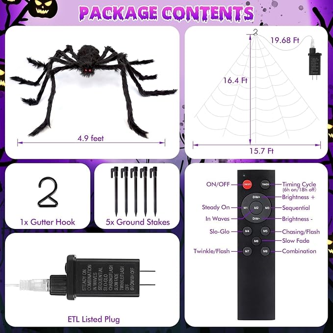 Halloween Decorations Spider Web Outdoor: Halloween Spider Web Lights 250 Purple LED Lights 59" Giant Spiders Scary Halloweens Decorations Outdoor Indoor for Party Garden Yard Home Haunted House Decor