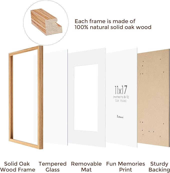 11x17 Picture Frame, Solid Oak Wood 11"x17" Picture Frames, 11 x 17 Poster Frame for Wall, 11x17 Wood Photo Frame - 8x12 with Mat, Tempered Real Glass (Beige Oak Color, 1 Pack)
