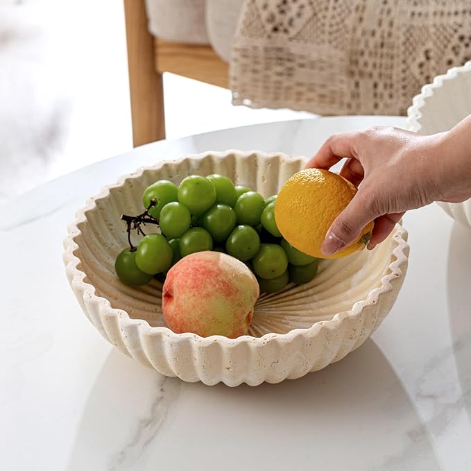 Large Decorative Fruit Bowl for Kitchen Counter, Travertine Stone Look Modern Minimalist Snack Candy Bowl for Table Centerpiece Decor, Home, Office, Hotel, Entryway (Yellow)