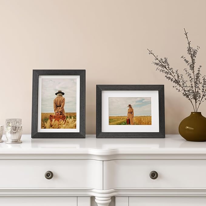 Egofine 6x8 Picture Frames Set of 4, Made of Solid Wood Covered by Plexiglass 4x6 and 5x7 with Mat or 6x8 without Mat, for Table Top Display and Wall Mounting Photo Frame Rustic Black