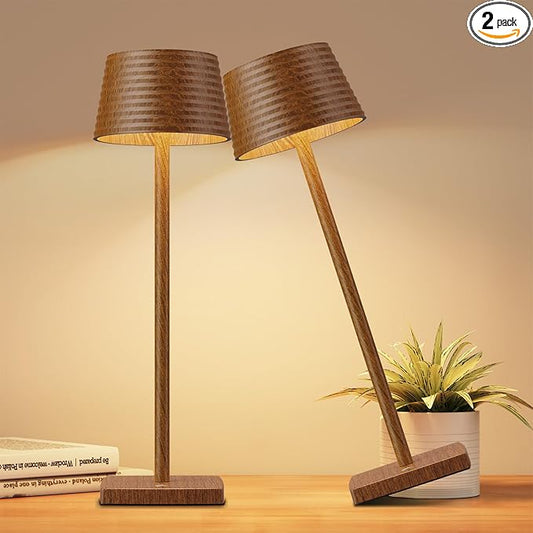 2Pack Cordless Table Lamps Rechargeable,Battery 6000mAh LED Portable Lights for Outdoor/Patio/Restaurant/Indoor Desk Lamp - IP54 Waterproof 3 Colors Stepless Dimming (2pack Wood Grain)