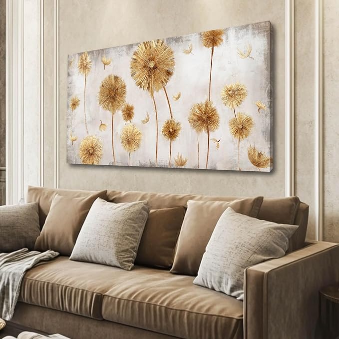 Framed Canvas Wall Art Gold Dandelion Wall Prints Living Room Artwork Grey Picture Wall Decor for Bedroom 20"x 40" Office Painting Home Decor
