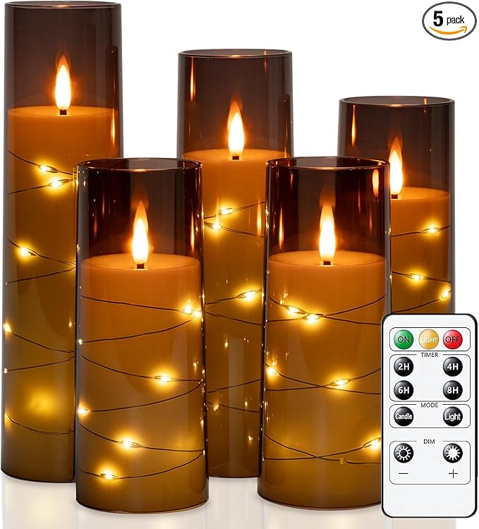 Raycare Flameless LED Candles with Embedded Star String, 5 Pcs Battery Operated Acrylic Pillar Candles with Timer and Remote, Flickering for Romantic Ambiance and Home Decoration(Grey)