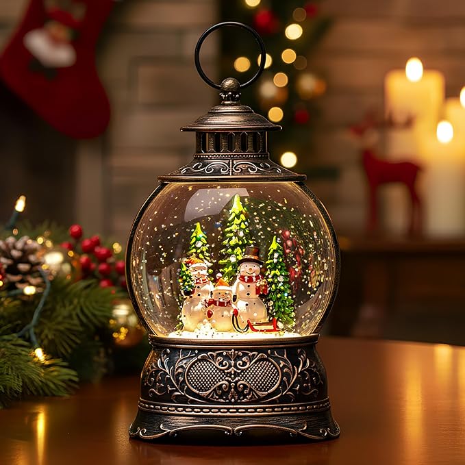 Christmas Snow Globe Snowman Family Lantern – Musical LED Water Globe, Swirling Glitter, 8 Holiday Carols, Auto Timer – Vintage Lighted Tabletop Decor & Gift