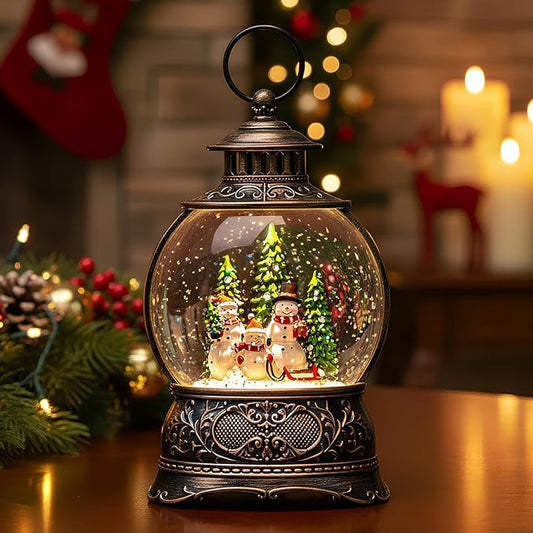 Christmas Snow Globe Snowman Family Lantern – Musical LED Water Globe, Swirling Glitter, 8 Holiday Carols, Auto Timer – Vintage Lighted Tabletop Decor & Gift