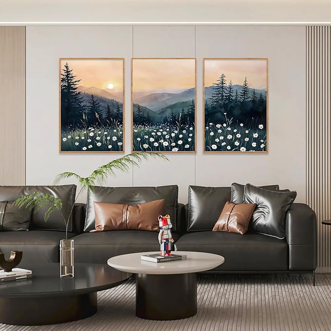 KAIRNE 3 Piece Framed Mountain Landscape Wall Art with Daisies, Sunset Forest and Misty Pine Tree Canvas Prints, Nature Scenery Home Decor for Living Room, Bedroom, Office, 16x24inch