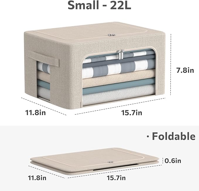 3Pack Foldable Storage Bins - Frame Storage Box Linen Fabric Stackable Clothes Container Organizer with Clear Window & Carry Handles Large Capacity (Small-22L, Beige)