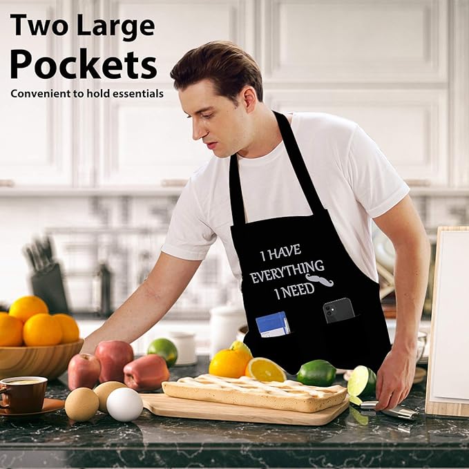 YIKA Apron Couples, Valentines Day Gifts for Couples: Waterproof Aprons for Women Men, with Adjustable Neck Strap with Extra Long Ties, 2 Pockets (Black)