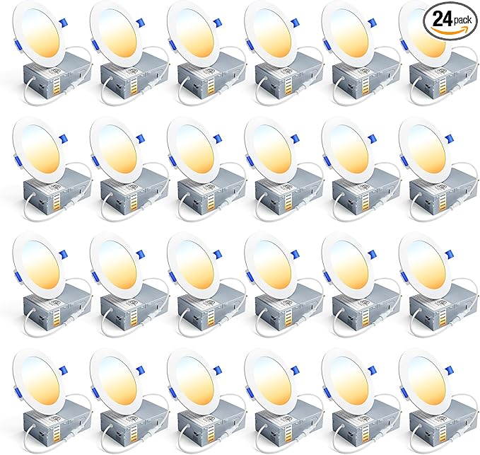 Ensenior 24 Pack 4 Inch LED Recessed Ceiling Light, Dimmable, 2700K-5000K 5CCT, 750LM 9W 120V, High Brightness Canless Wafer Downlight - ETL&FCC&IC
