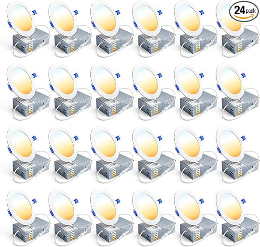 Ensenior 24 Pack 4 Inch LED Recessed Ceiling Light, Dimmable, 2700K-5000K 5CCT, 750LM 9W 120V, High Brightness Canless Wafer Downlight - ETL&FCC&IC