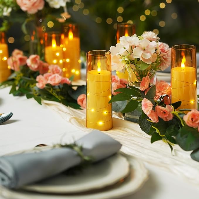 Raycare Flameless LED Candles with Embedded Star String, 9 Pcs Battery Operated Acrylic Pillar Candles with Timer and Remote, Flickering Candle for Romantic Ambiance and Home Decoration(Glod)