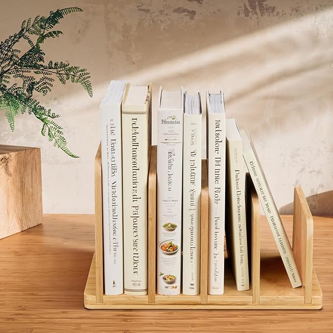 Cook Book Organizer,Bamboo Cookbook Stand for Kitchen Counter with 4-Slot,Sturdy Recipe Book Holder Stand for Convenient Cookbook Storage