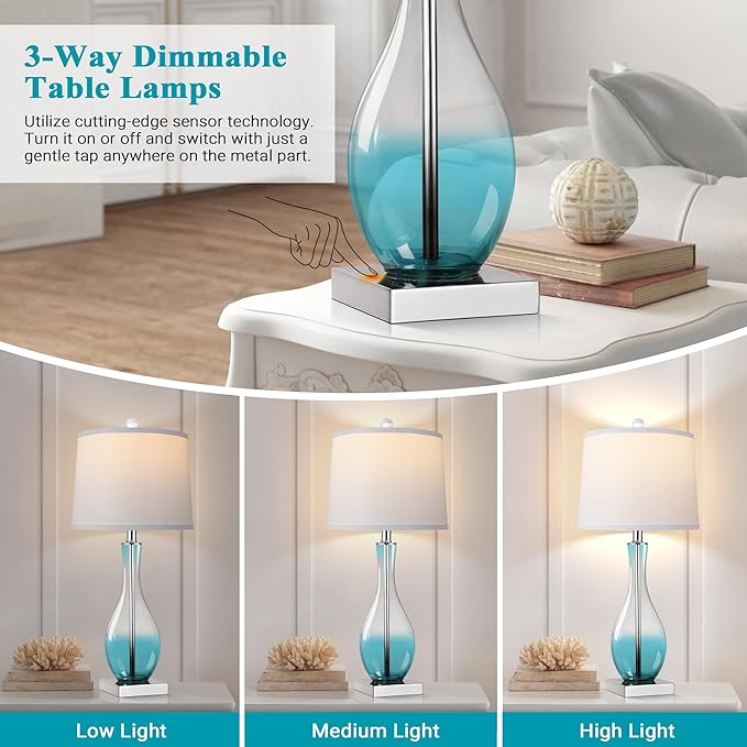 Table Lamps Set of 2 with Touch Control, 27" Bedside Desk Lamps for Nightstand Decorations, 3-Way Dimmable Modern Glass Table lamp with USB C and A Charging Ports, Blue (LED Bulbs Included)