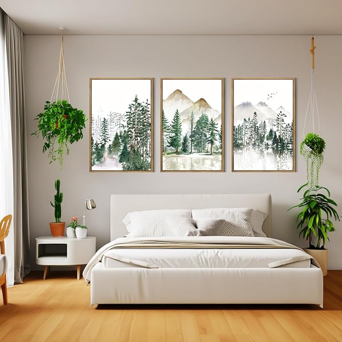 Extra Large Forest Mountain Wall Art Green Watercolor Framed Tree Painting Wall Decor for Living Room Bedroom Bathroom Office 24x36 Inch Set of 3