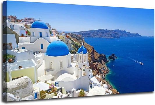 OKEXCKK Large Canvas Print Wall Art Santorini in Greece Painting Wall Decor, Blue Coastal Landscape Artwork Seascape Pictures for Living Room, Bedroom, Office Decoration - 20"x40"