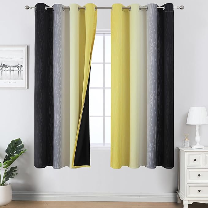 Estelar Textiler Yellow and Black Ombre Blackout Curtains for Bedroom, Full Room Darkening Grommet Curtains for Living Room, Thermal Insulated Light Blocking Gradient Drapes, 52Wx63L,2 Panels