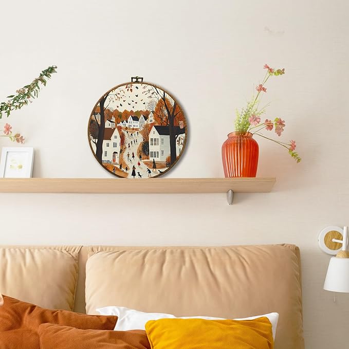 JUIOEIU Fall Round Wall Decor, Cozy Autumn Cityscape Seasonal Framed Canvas Prints, Fall Wall Art Hanging Decorations for Home Bedroom Living Room Office Decor, 10x10in