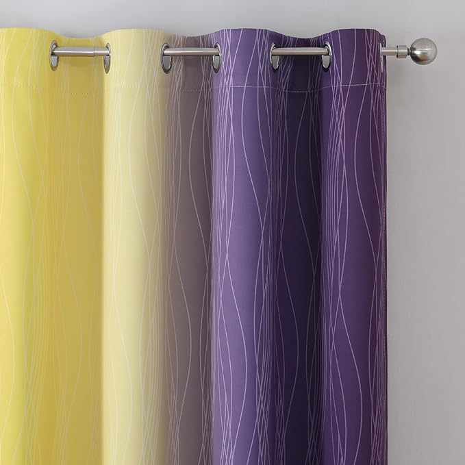 Estelar Textiler Yellow and Purple Ombre Blackout Curtains 45 Inch Length 2 Panels, Full Room Darkening Gradient Drapes for Kitchen, Thermal Insulated Grommet Short Curtains for Bathroom,52Wx45L