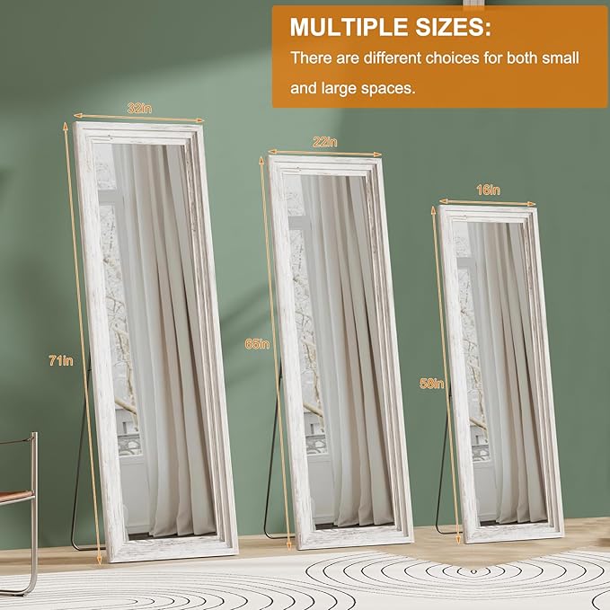 Full Length Mirror,65x22 Inch Full Length Mirror Wall Mounted,Vertical Hanging,Leaning Standing for Bedroom,Living Room,Rectangular Wooden Frame,Wood White Color.