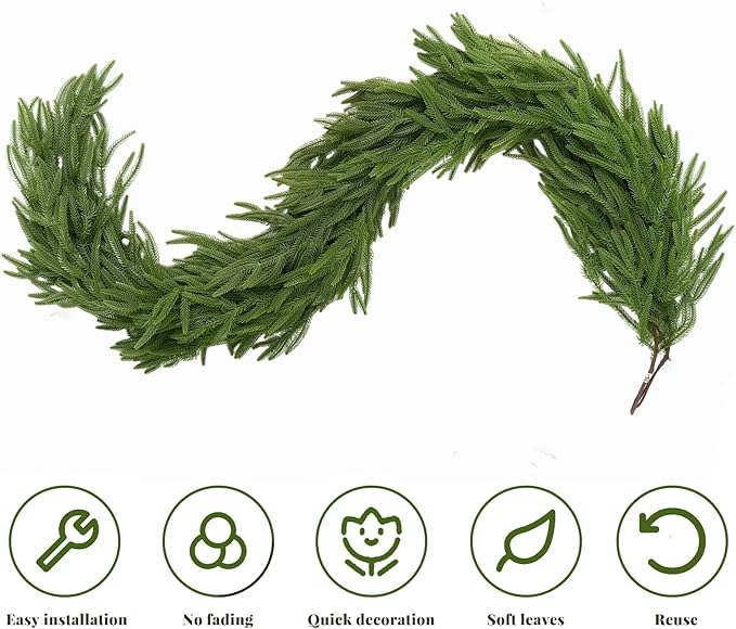 LVZHIYUAN 2 Pcs 6FT Christmas Garland,Christmas Decorations,Real Touch Norfolk Pine Garland,Green Faux Greenery Garland for Mantle Fireplace Door Table Wall Upstairs Indoor Outdoor Holiday Xmas Decor