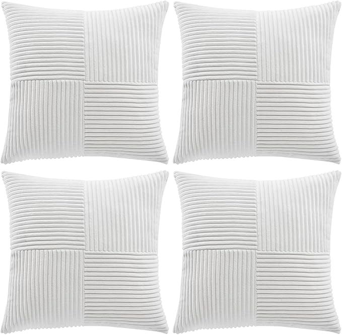 Fancy Homi 4 Packs Pure White Decorative Throw Pillow Covers 16x16 Inch for Living Room Couch Bed, Rustic Farmhouse Boho Home Decor, Soft Cross Patchwork Corduroy Textured Square Cushion Case 40x40 cm