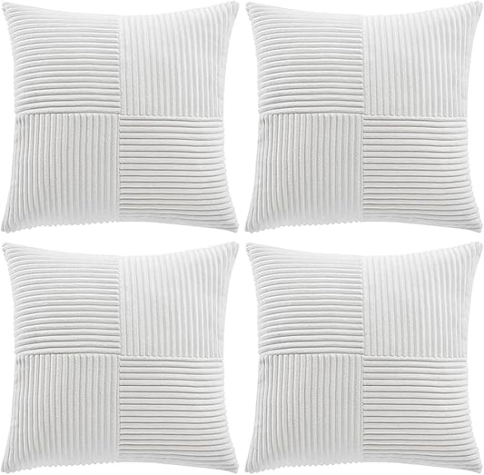 Fancy Homi 4 Packs Pure White Decorative Throw Pillow Covers 18x18 Inch for Living Room Couch Bed Sofa, Farmhouse Boho Home Decor, Soft Cross Corduroy Patchwork Textured Square Cushion Case 45x45 cm