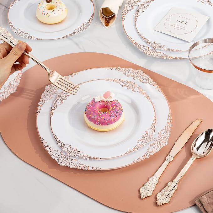 350PCS Rose Gold Plastic Plates for 50 Guests, Disposable Dinnerware Sets Include 100 Rose Gold Rim Plastic Plates, 50 Silverware and Cups, 50 Pre Rolled Napkins for Party, and Graduation