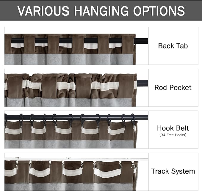 StangH Taupe Curtains 108 inches Long Thick Velvet Total Blackout Noise Reducing Sliding Door Panels Back Tab Hook Belt Heavy Drapes for Bedroom Living Room, W52 x L108, 2 Panels