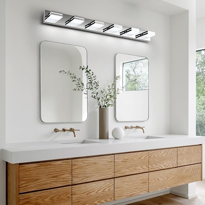 SineRise LED Modern Bathroom Vanity Light Fixtures (6-Light, 48-Inch, Dimmable), Chrome Modern Acrylic Bathroom Wall Lighting Fixtures Over Mirror (Cool White 6000K)