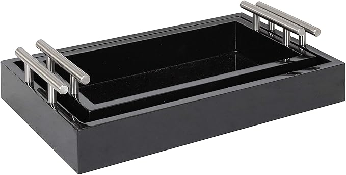 Kate and Laurel Lipton Modern Tray Set, Set of 2, Black and Silver, Glam Decorative Trays for Storage and Display