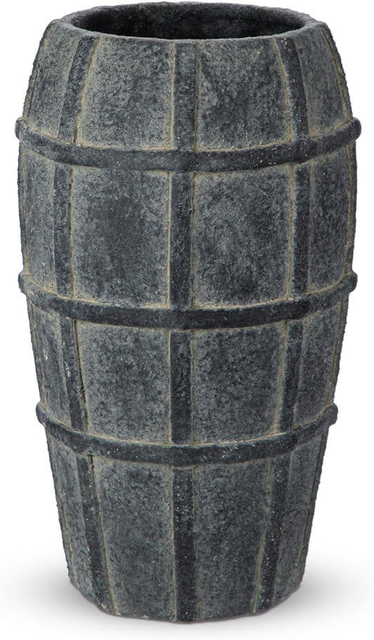 Briful Rustic Terracotta Flower Vase for Home Decor – 9" Blue Farmhouse Textured Barrel-Style Ceramic Vase Vintage Handcrafted Gridded Design for Faux & Dried Flowers Living Room Table Centerpiece